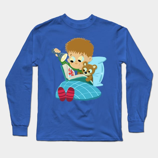 bedtime boy is reading a book with a teddy bear Long Sleeve T-Shirt by duxpavlic